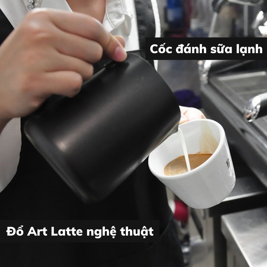 Ca đánh sữa inox cao cấp dung tích 350-600ml pha cà phê Espresso đổ hình cappuccino nghệ thuật Art Latte đen nhám