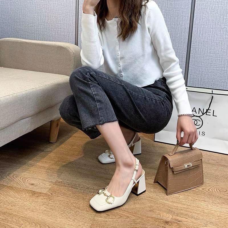 ZZ99- Sandal 7cm gót bọc khoá DD vàng- giày cao gót nữ bít mũi gót vuông(buty)