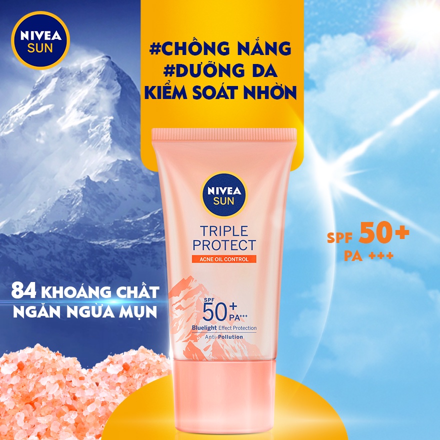 Bộ sản phẩm chăm sóc da mụn NIVEA: Kem chống nắng SPF50+, Nước tẩy trang 200ml &amp; Sữa rửa mặt cho da nhạy cảm 100G