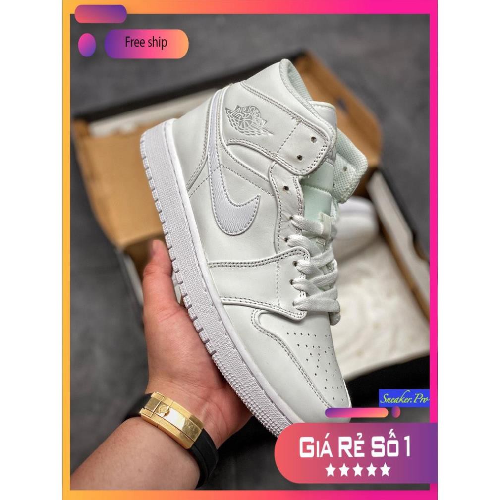 (FULL BOX + QUÀ TẶNG) Giày thể thao AIR Jordan 1 Mid Triple White cổ cao siêu đẹp dành cho nam và nữ