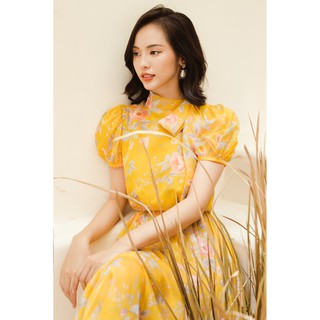 Đầm maxi hoa vàng cổ nơ -HBV1132