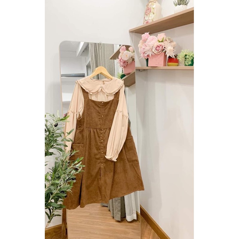 Set Áo Sơ Mi - Váy Babydoll Yếm Nhung tăm Nâu Be Ulzzang ( hình thật/ sẵn) nó