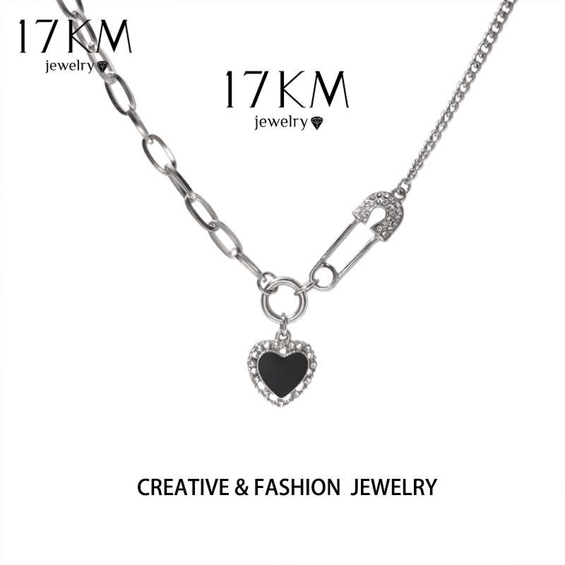 Vòng cổ 17KM Y2K mạ bạc mặt hình trái tim đính đá pha lê màu đen