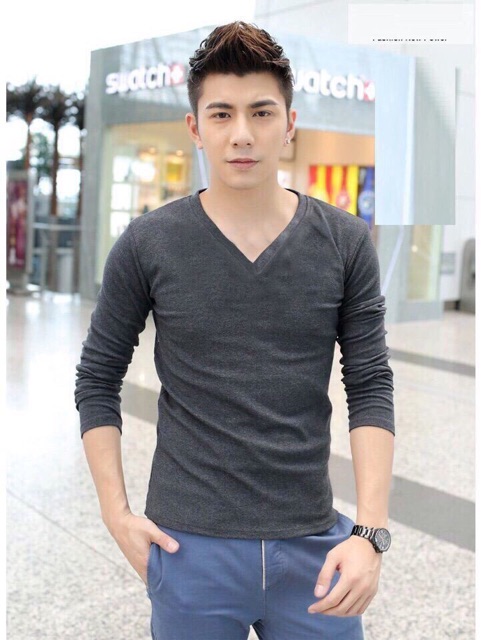 Áo thun tay dài cổ tim trơn