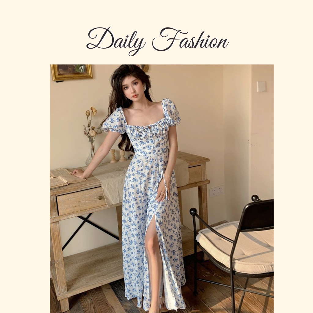 Đầm Maxi hoa xanh xẻ tà dáng dài đi biển giá rẻ, đẹp | BigBuy360 - bigbuy360.vn