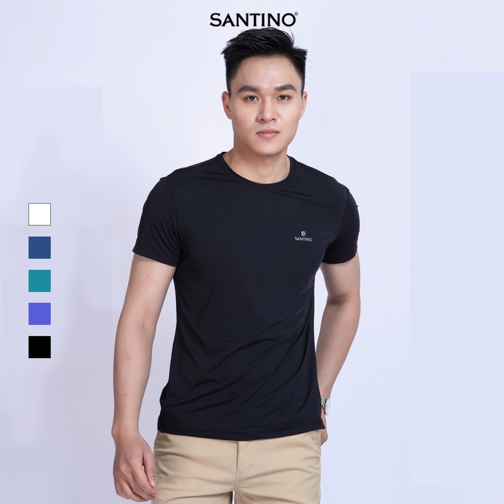 Áo thun nam ngắn tay không cổ SANTINO vải Coolmax co giãn kẻ tăm nhỏ, phong cách trẻ trung - B701