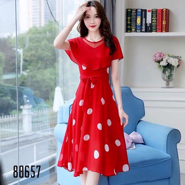 Đầm lụa bi hai lớp kèm áo choàng voan chiffon mặc được hai kiểu