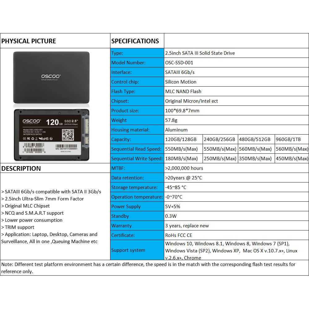 Ổ cứng SSD OSCOO 120GB SATA III 2.5-inch - tốc độ đọc 520MB/s (Đen)