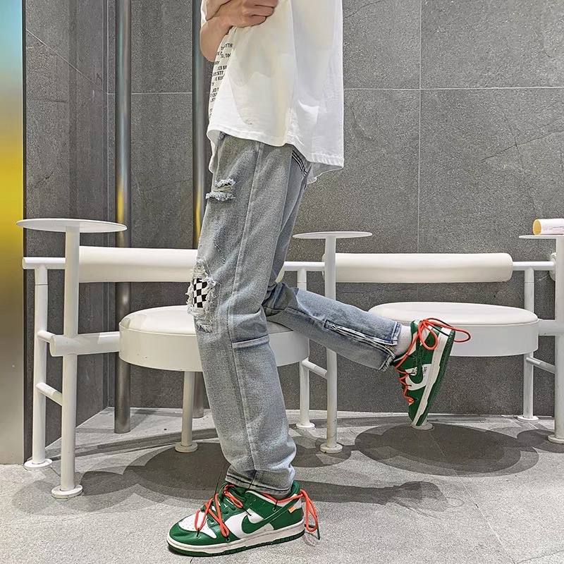 Quần jean rách caro streetwear ống suông zipper Quixotic