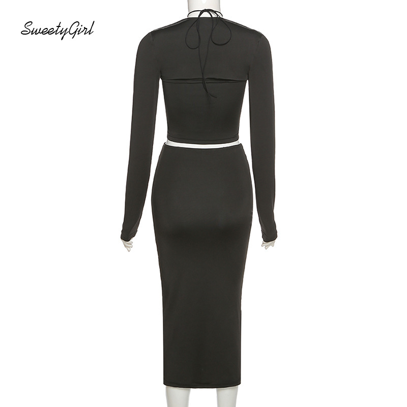 Bộ Áo Croptop Trễ Vai Tay Dài Màu Trơn + Chân Váy Lưng Cao Xếp Ly Thời Trang Cho Nữ