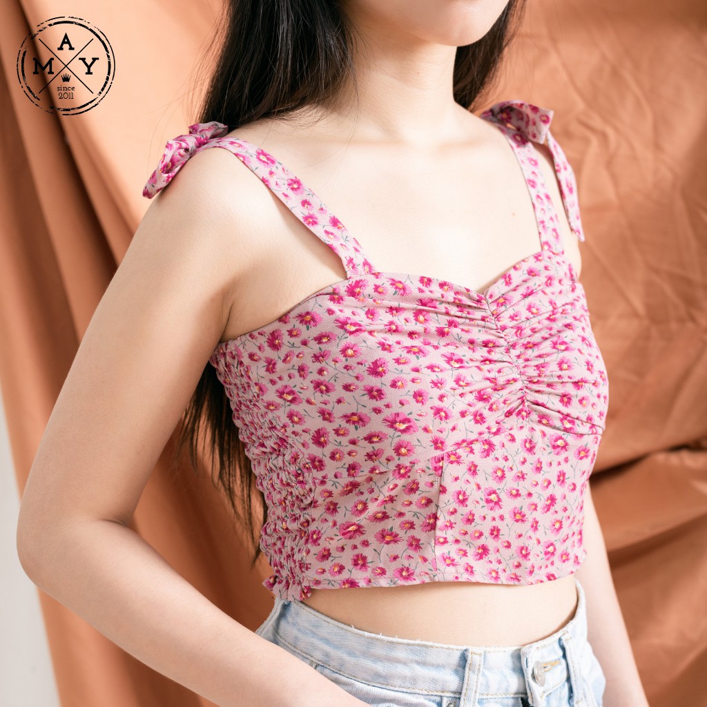 Áo Hai Dây Croptop Nữ MAY.SINCE2011 Thiết Kế Hai Dây Nơ Nhún Ngực Họa Tiết Hoa Nhí TP05-0006