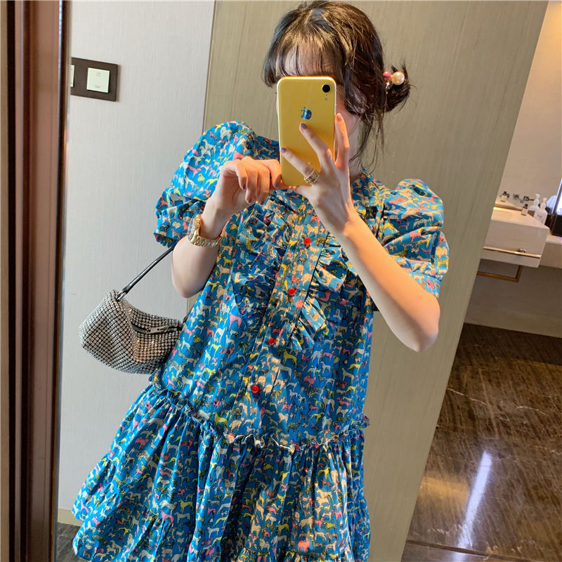 Đầm hoa tay phồng phối bèo kiểu Hàn Quốc dễ thương