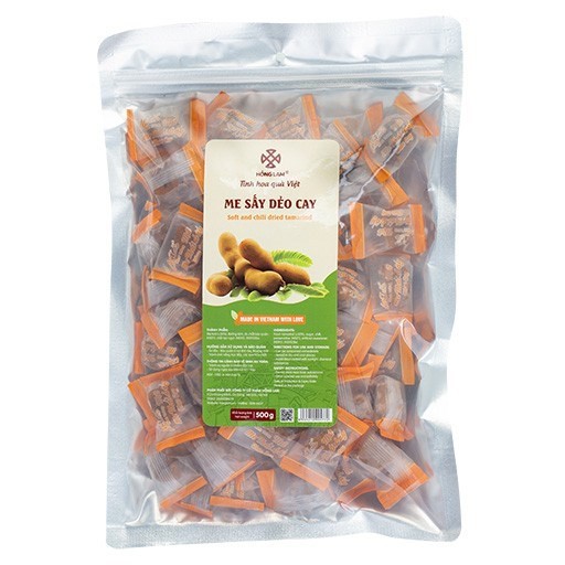 Me sấy dẻo cay Hồng Lam, dạng gói (200gr, 500gr). Có vị chua cay dẻo