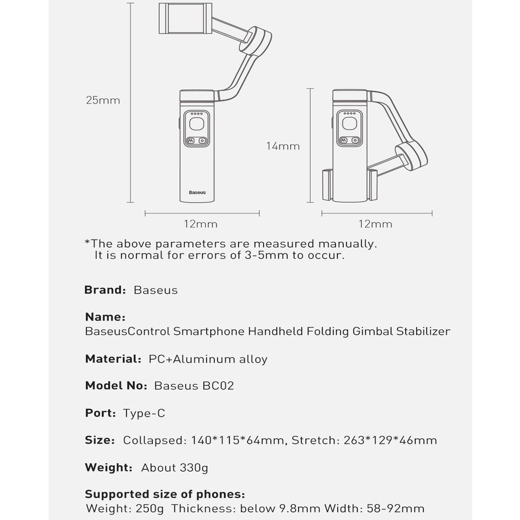 Tay cầm chống rung Baseus Control Smartphone Handheld Folding Gimbal Stabilizer (330g, 4500mAh, Bluetooth 4.0, Type-C)