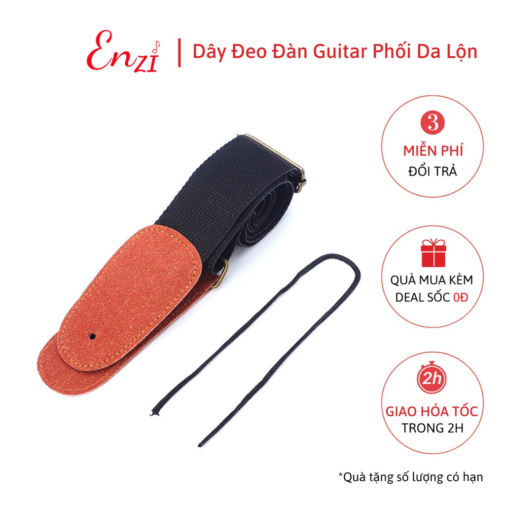 Dây đeo đàn guitar ukulele đàn classic, acoustic ghi ta bass  ghita điện phối da lộn màu đen kem nâu Enzi