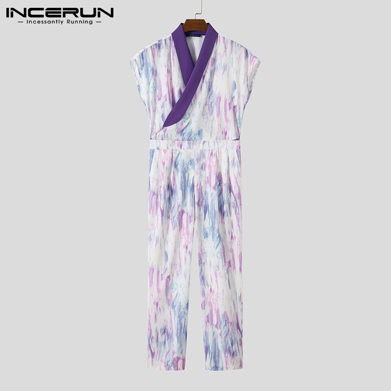 INCERUN Bộ Áo Liền Quần Sát Nách Dáng Rộng Nhuộm Màu Độc Đáo Phong Cách Phương Tây Thời Trang Cho Nam