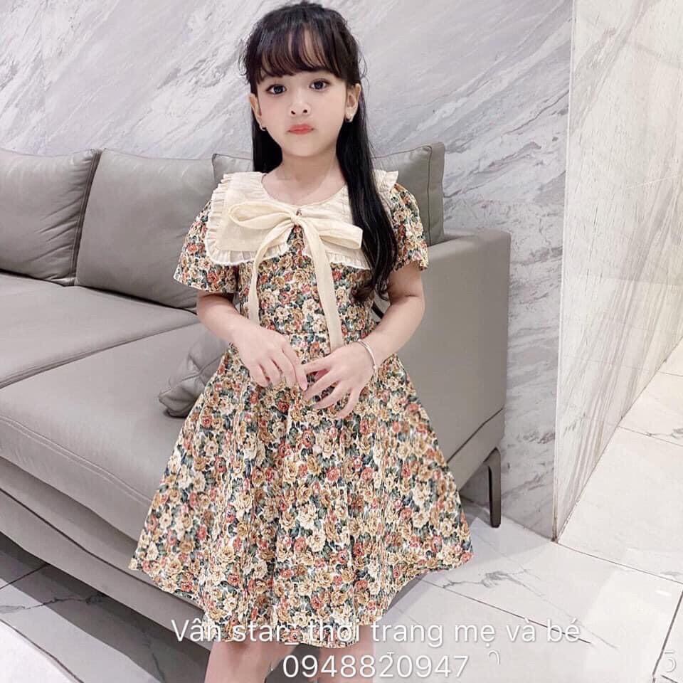 [MÃ MARU471 GIẢM 10K CHO ĐƠN 50K] Váy tiểu thư cổ vuông bèo họa tiết hoa hồng tỉ muội chất thô mềm mại cho bé 16-26kg