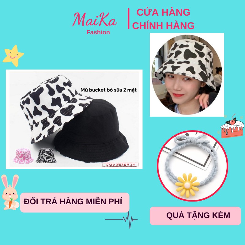 Mũ bucket bò sữa họa tiết trắng đen phong cách Ulizang form Unisex, phụ kiện thời trang MAIKA