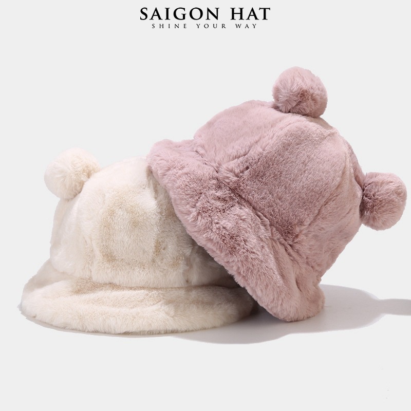 Nón bucket nữ lông mịn mũ tai bèo tai gấu dễ thương chuẩn form đẹp thời trang thu đông phong cách Hàn Quốc