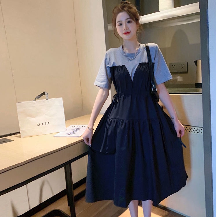 Đầm Tay Ngắn Dáng Rộng Cột Dây Eo Màu Sắc Tương Phản Phong Cách Hàn Quốc Thời Trang Mùa Hè Xinh Xắn Cho Nữ