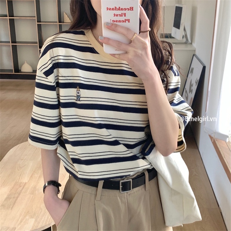 Áo Thun Nữ Ngắn Tay Cổ Tròn Họa Tiết Kẻ Sọc Thời Trang Mùa Hè