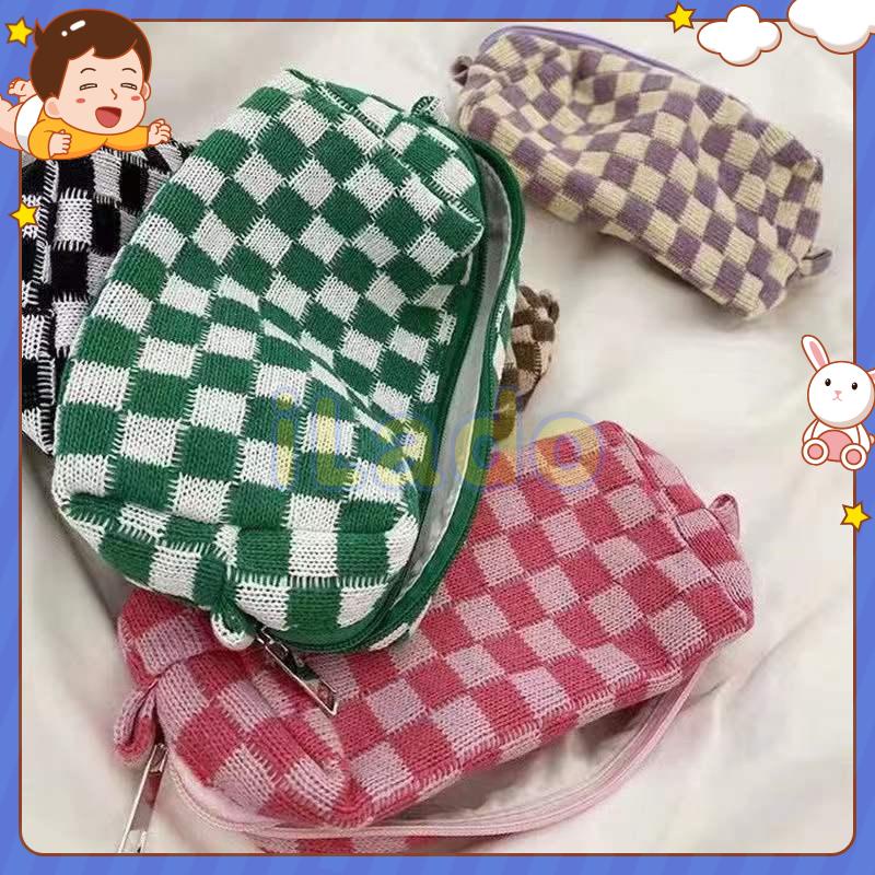 ⭐ iLado ⭐ Túi dễ thương theo chủ đề iLado Nylon mạng tinh thể phong cách ca rô túi có dây kéo nhỏ hộp đựng bút ba chiều bút dễ thương có dây kéo văn phòng túi đựng đồ cá nhân Phong cách nữ tính nhẹ nhàng