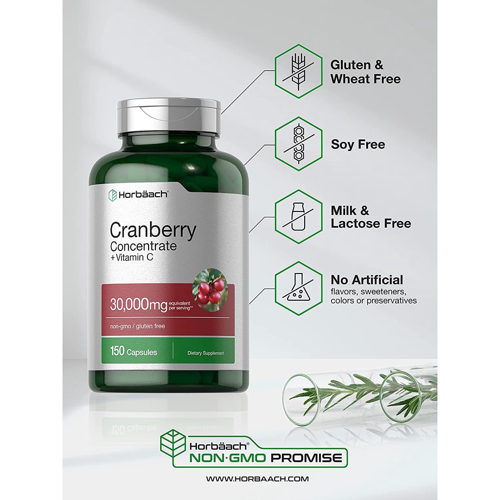 Horbaach Cranberry (30,000 mg) + Vitamin C hỗ trợ bàng quang và đường tiết niệu 150v