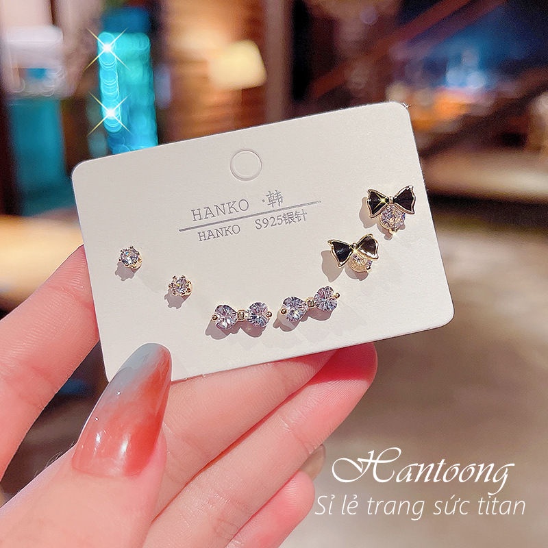 Set bông tai hình nơ xinh xắn đính đá pha lê cao cấp phong cách thời trang thanh lịch