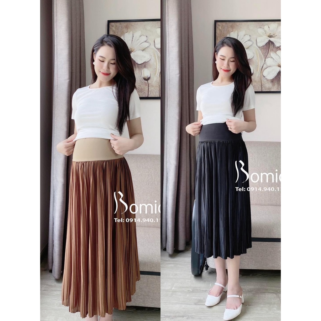 BIGSIZE - Chân váy bầu NÂU TÂY midi xếp ly lụa gân Thượng Hải - CV03
