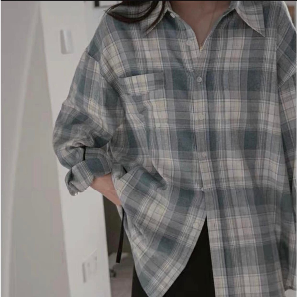 [ẢNH THẬT/VIDEO] Áo sơ mi nữ đi học form rộng kẻ caro túi ngực dài tay 2 màu sơ mi Caro Đen/Xanh - sơ mi nữ Form Rộng