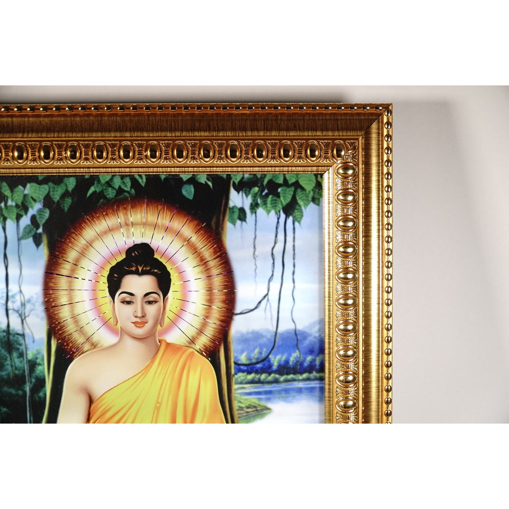 Tranh điện Phật Bổn Sư Thích Ca Mâu Ni Phật ngồi tòa sen dưới gốc cây hào quang tỏa sáng đẹp - 45x35cm