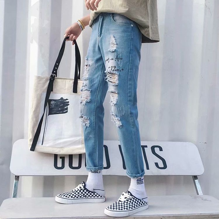 Quần jeans 9 Tấc Ôm Chân Phối Vết Rách Phong Cách Harajuku Hàn Quốc Cho Nam