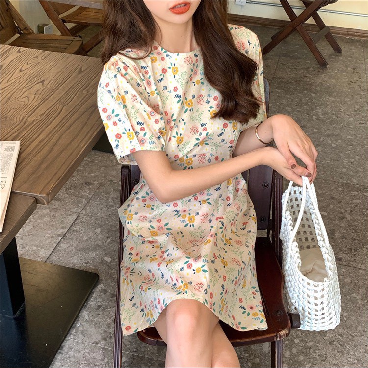 [YLYDRESS] Váy thô hoa nhí tay bồng tiểu thư freesize - váy đầm nữ thiết kế dáng tiểu thư freesize chất thô mát mùa hè