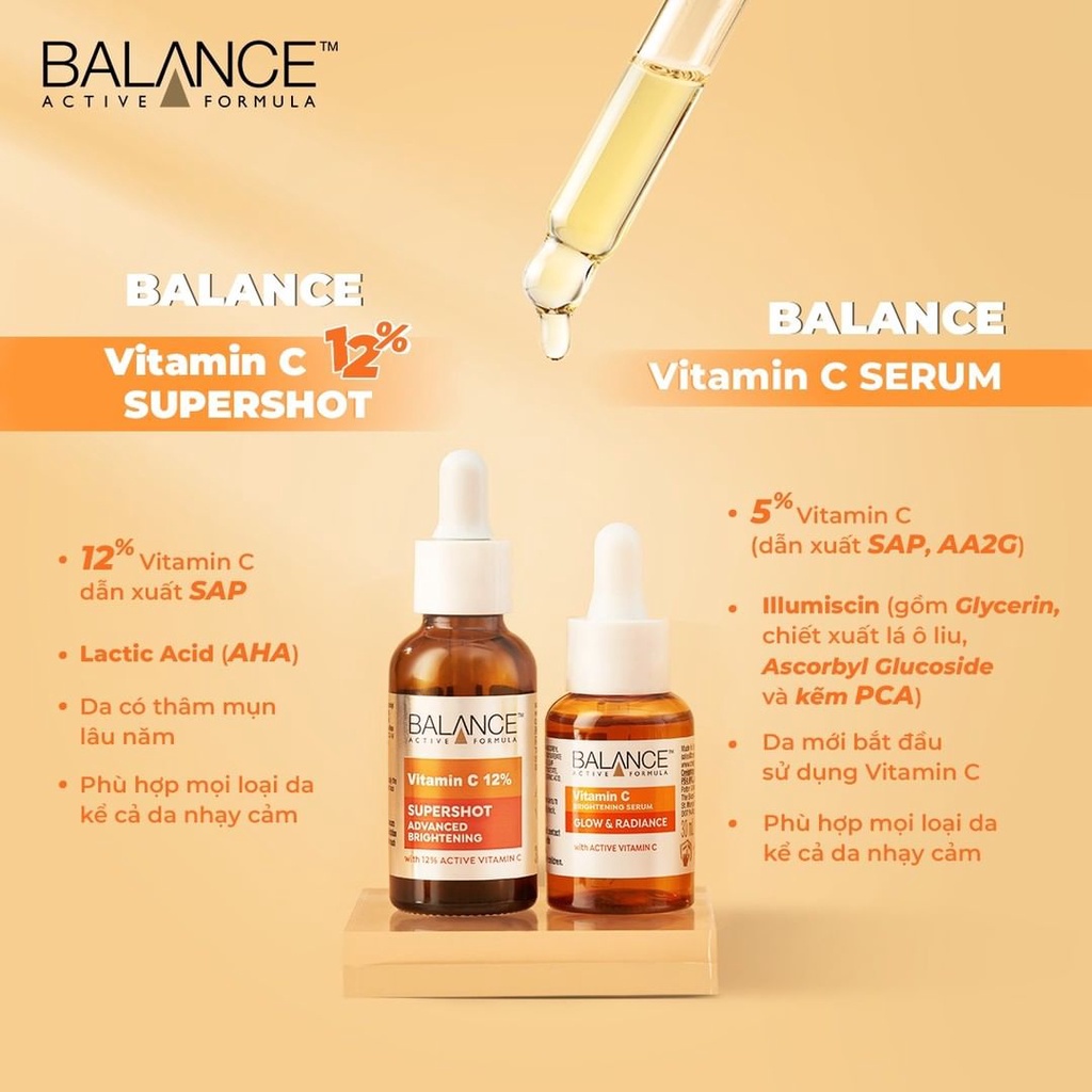 Serum tinh chất sáng da - mờ thâm Balance Active Formula 12% Vitamin C Supershot 30ml - Bahachiha