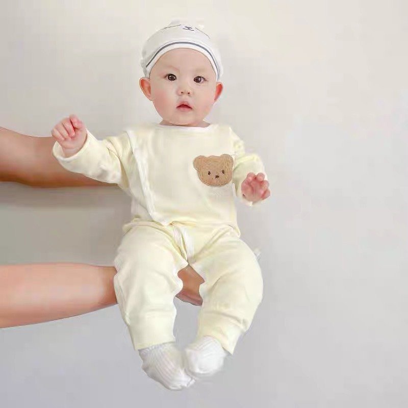 Bodysuit Dài Tay LOTUKA Đính Gấu Đáng Yêu Cho Bé 3-12kg, Bộ Đồ Liền Thân Chất Thun Cao Cấp