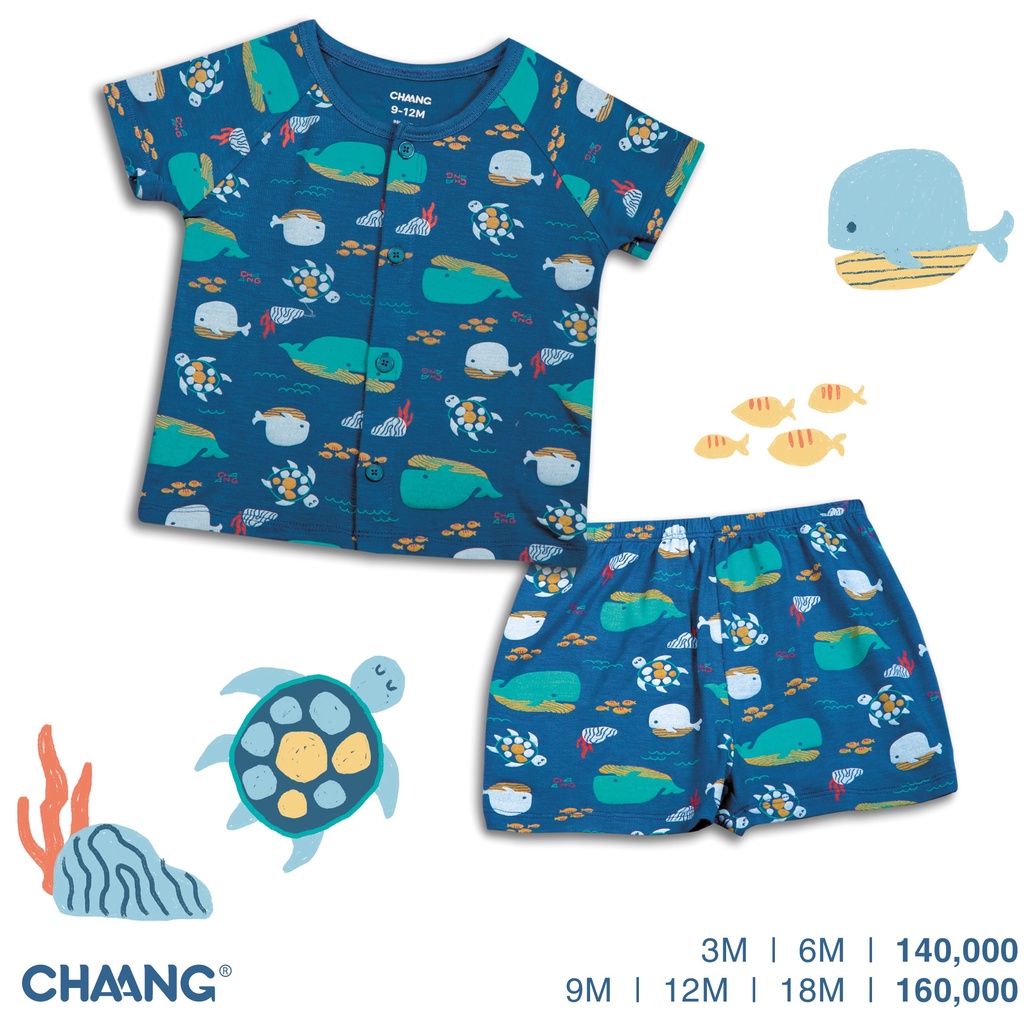 [CHAANG] Bộ quần áo cộc cúc giữa Sea cá voi cho bé
