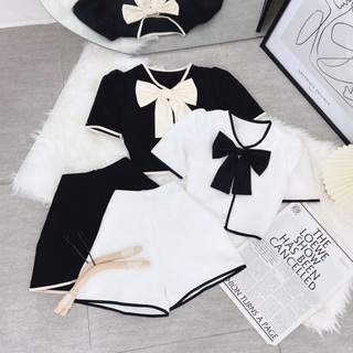 Set áo croptop viền nơ kèm quần short