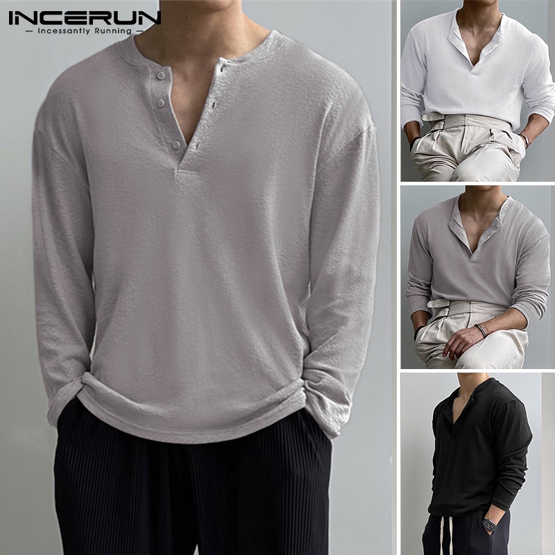 Áo thun INCERUN dài tay cổ chữ V màu trơn thời trang cho nam