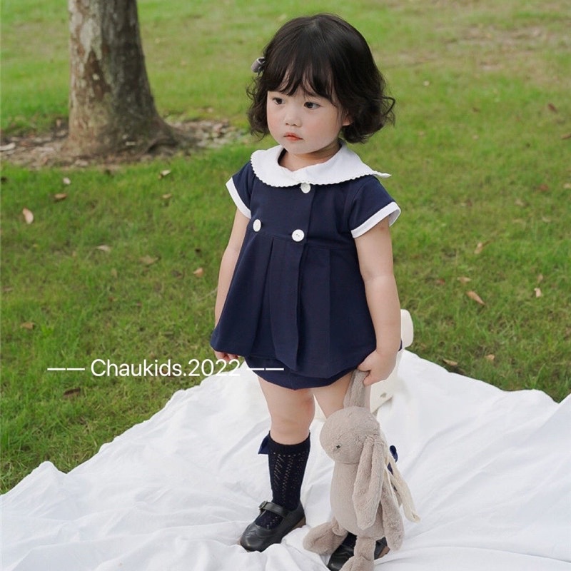 Set bộ chip cổ trắng áo baby doll bé gái