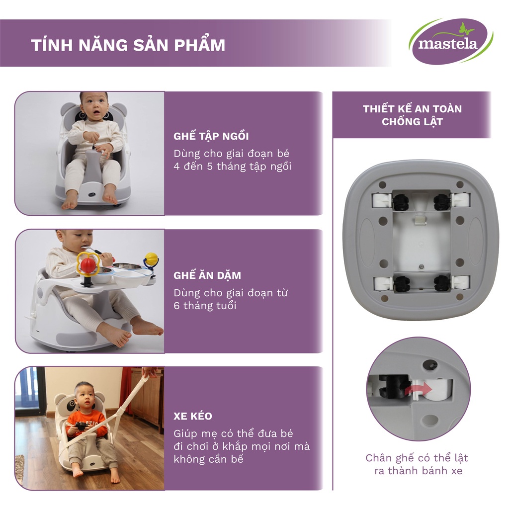 Ghế tập ngồi, ghế ăn dặm, xe kéo 3 in 1 đa năng cho bé Mastela 1018, lót silicon cao cấp - Bảo hành 12 tháng chính hãng