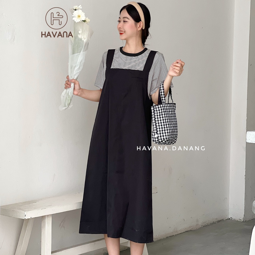 Set váy yếm kaki nữ kèm áo thun, yếm dài kèm áo thun kẻ sọc freesize hai màu AE196