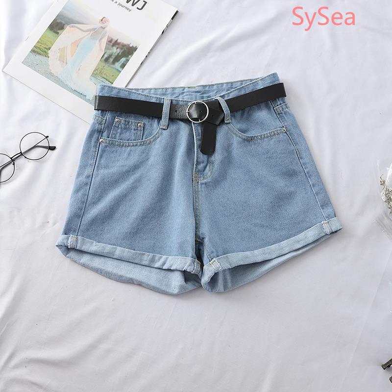 Quần đùi denim lưng cao ống rộng phong cách mùa hè Hàn cho học sinh kèm dây nịt