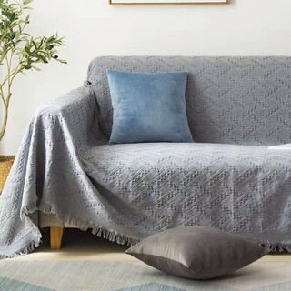 Chăn thảm phủ ghế sofa đan len tua rua màu xám phong cách Bắc Âu/Bohemian