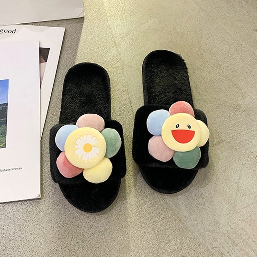 Dép lông thỏ Hoa mặt cười, siêu êm chân, dạng bánh mì quai ngang, mang trong nhà, văn phòng