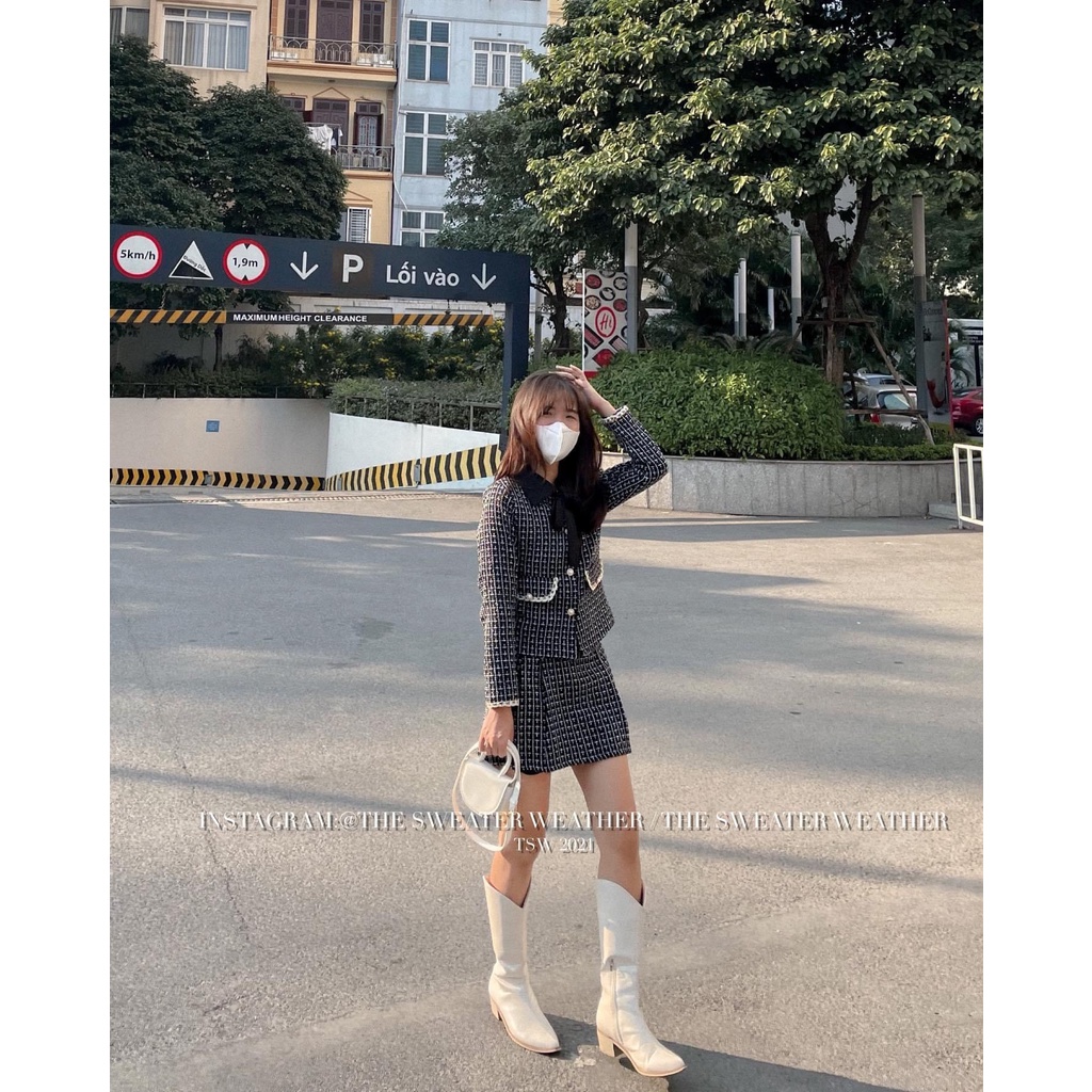 Set dạ túi nắp cổ nơ kèm chân váy xoè 2 màu