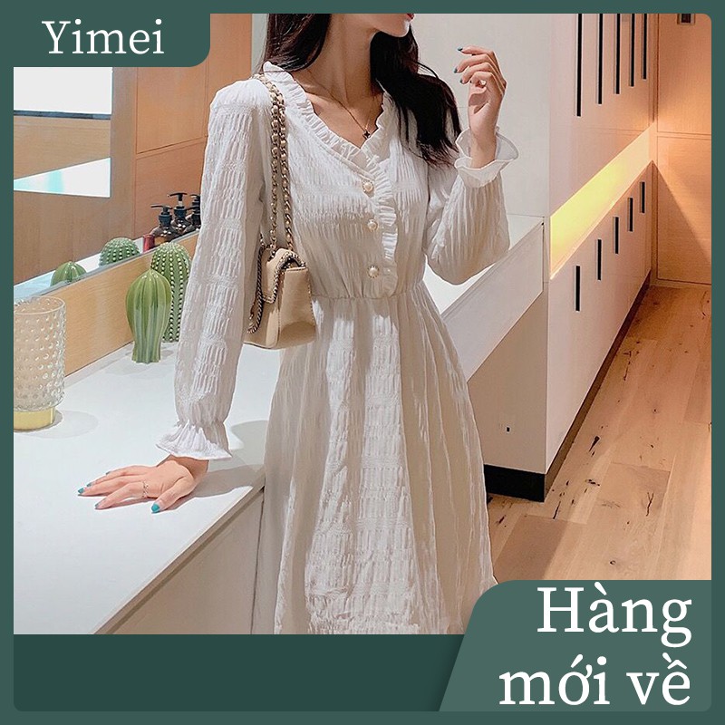 Phong cách mới của Hepburn váy trắng kiểu Pháp váy dài tay thắt lưng váy cổ tích dài giữa