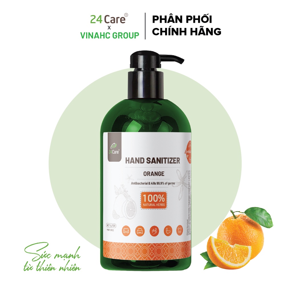 Nước rửa tay khô Cam Ngọt 24Care 1 lít – không cần rửa lại với nước, diệt khuẩn 99,9%