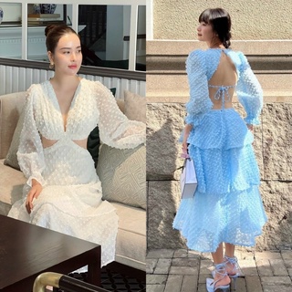 Maxi lông hở/khoét/cut eo lưng, đầm váy dài tầng xanh biển/trắng, thời trang tiểu thư đi chơi/biển du lịch sang trọng