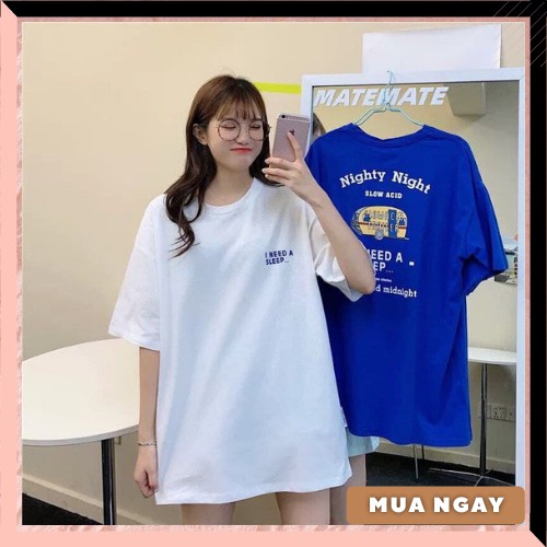 Áo thun tay lỡ form rộng unisex nam nữ nighty màu trắng, xanh dương chất liệu thoáng mát