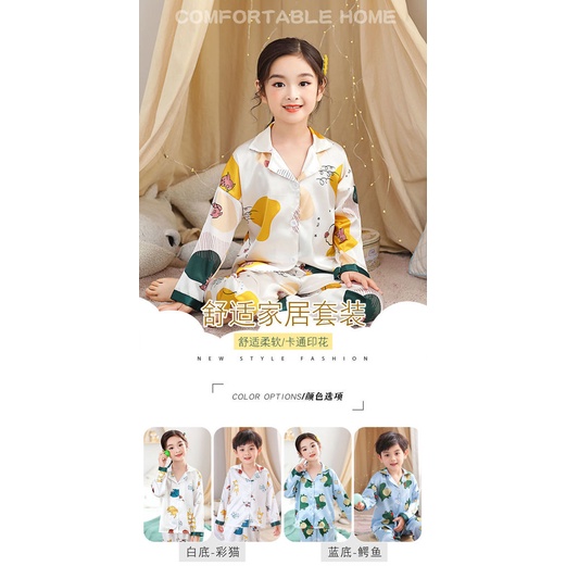 Bộ Đồ Ngủ Tay Dài Vải Lụa Lạnh Mỏng In Hoạt Hình Thời Trang Xuân Hè Cho Bé Gái